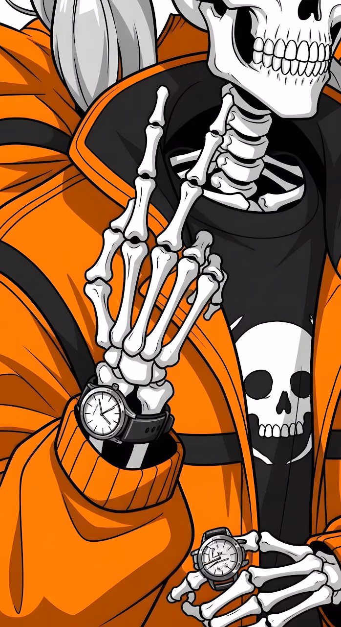 Edgy Skeleton Character Checking Time in Orange Jacket - Free Mobile AMOLED Wallpaper Background