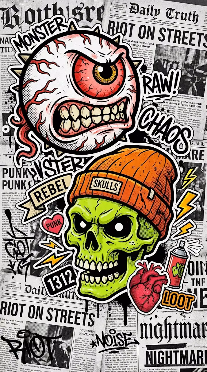 Edgy Street Art Collage of Screaming Eyeball and Green Skull - Free Mobile AMOLED Wallpaper Background