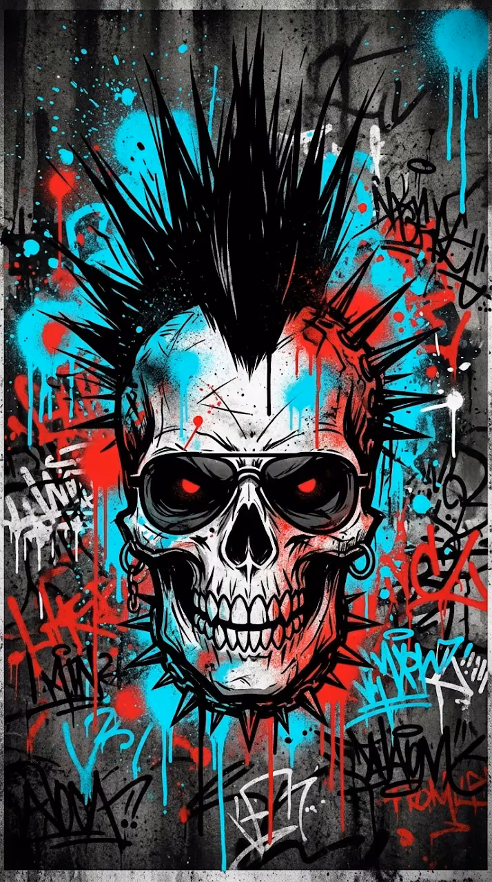 Edgy Street Art Illustration of a Skull with Mohawk - Free Mobile AMOLED Wallpaper Background
