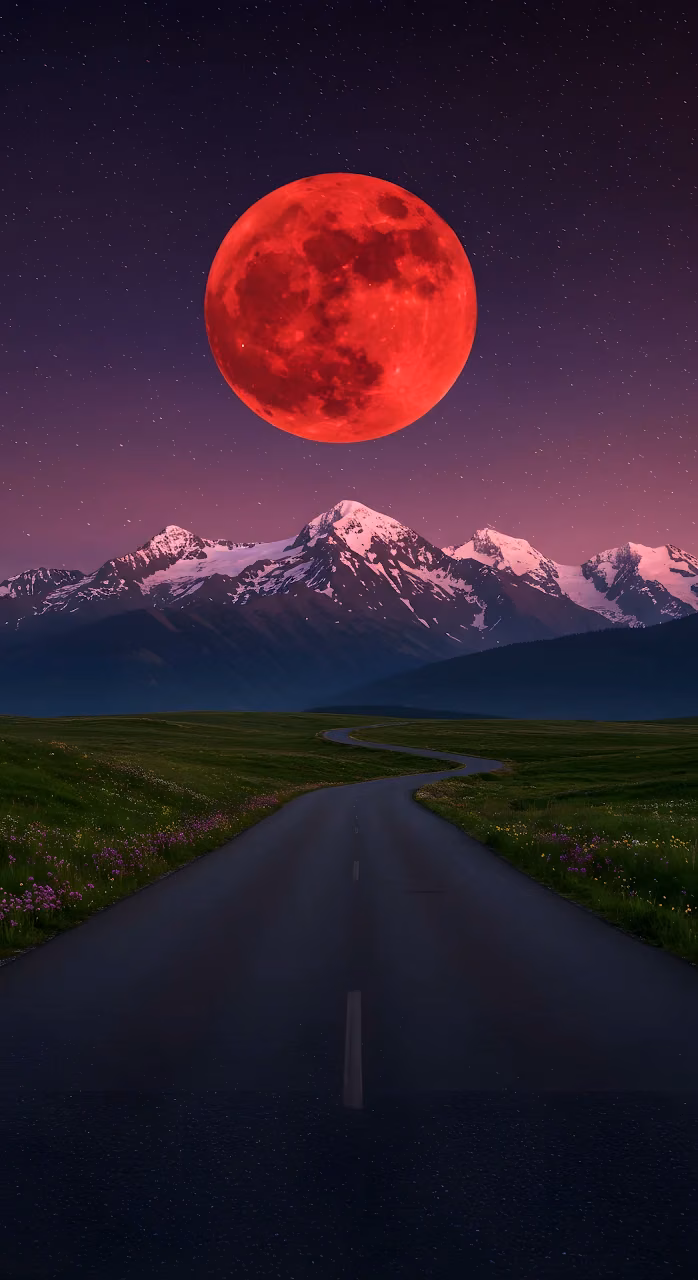 Download Eerie Blood Moon Over Snowy Peaks and Winding Road Wallpaper in Mobile HD Eerie Blood Moon Over Snowy Peaks and Winding Road - Free Mobile AMOLED Wallpaper Background
