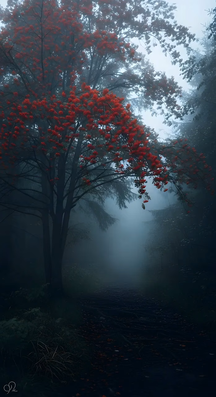 Eerie Foggy Forest Path with Red Rowan Berries - Free Mobile AMOLED Wallpaper Background
