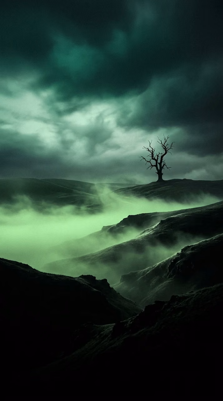 Download Eerie Green Foggy Hill and Lone Tree Moody Mobile Wallpaper Wallpaper in Mobile HD Eerie Green Foggy Hill and Lone Tree Moody Mobile Wallpaper - Free Mobile AMOLED Wallpaper Background