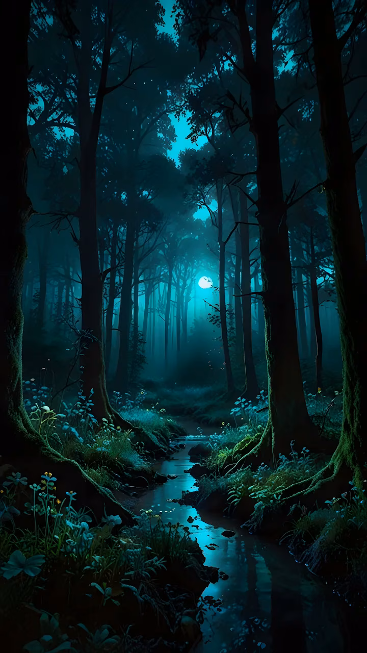 Eerie Moonlight Stream in a Mystical Teal Forest - Free Mobile AMOLED Wallpaper Background