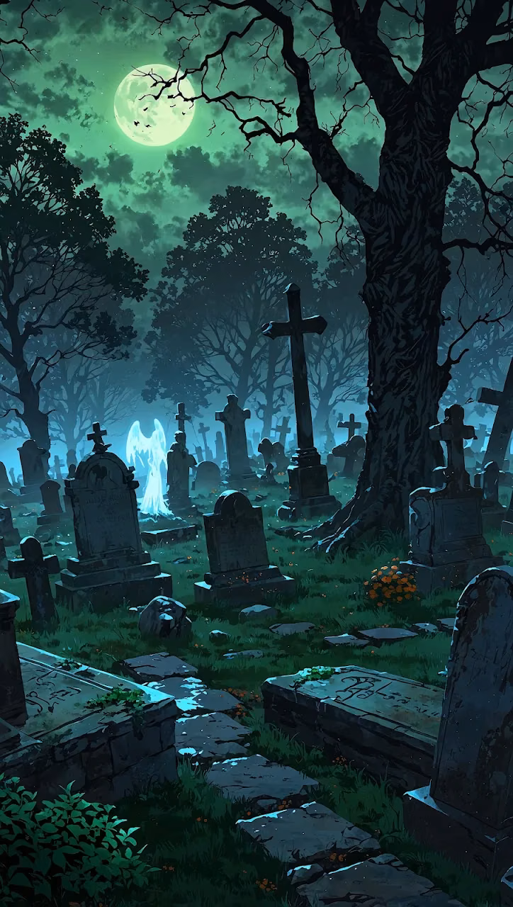 Eerie Moonlit Cemetery with Ghostly Angel Under Twisted Trees - Free Mobile AMOLED Wallpaper Background