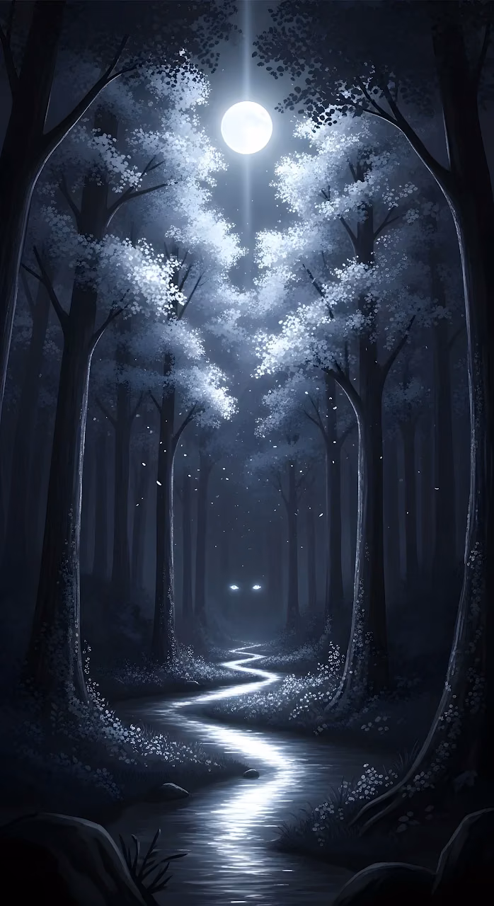 Download Eerie Moonlit Forest Path with Glowing Eyes Art Wallpaper in Mobile HD Eerie Moonlit Forest Path with Glowing Eyes Art - Free Mobile AMOLED Wallpaper Background