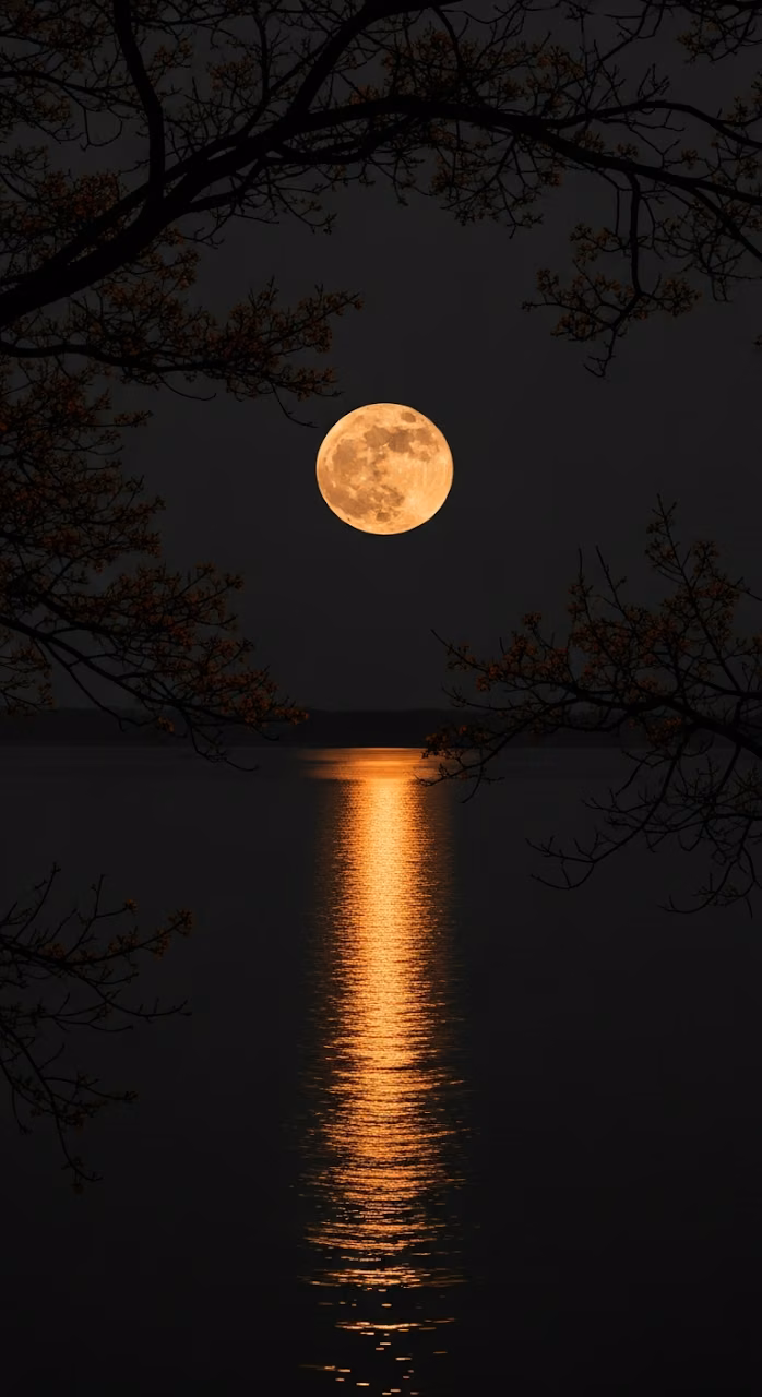 Download Eerie Orange Full Moon Reflection on Dark Water Framed by Night Tree Branches Wallpaper in Mobile HD Eerie Orange Full Moon Reflection on Dark Water Framed by Night Tree Branches - Free Mobile AMOLED Wallpaper Background