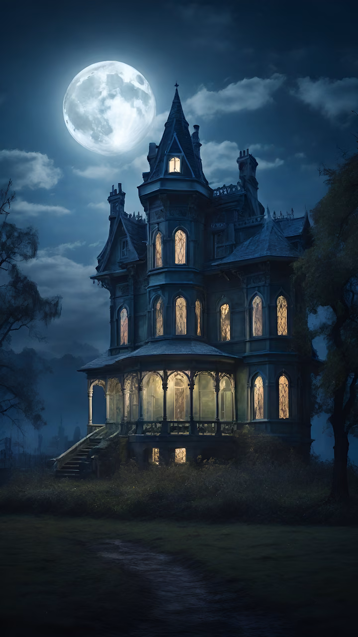 Eerie Victorian Gothic Mansion Under Full Moon Night - Free Mobile AMOLED Wallpaper Background