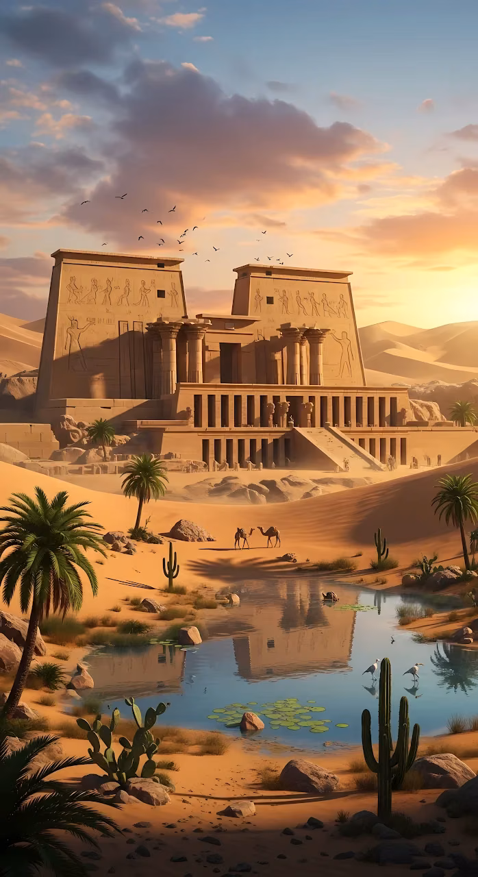Egyptian Temple Oasis at Sunset - Free Mobile AMOLED Wallpaper Background