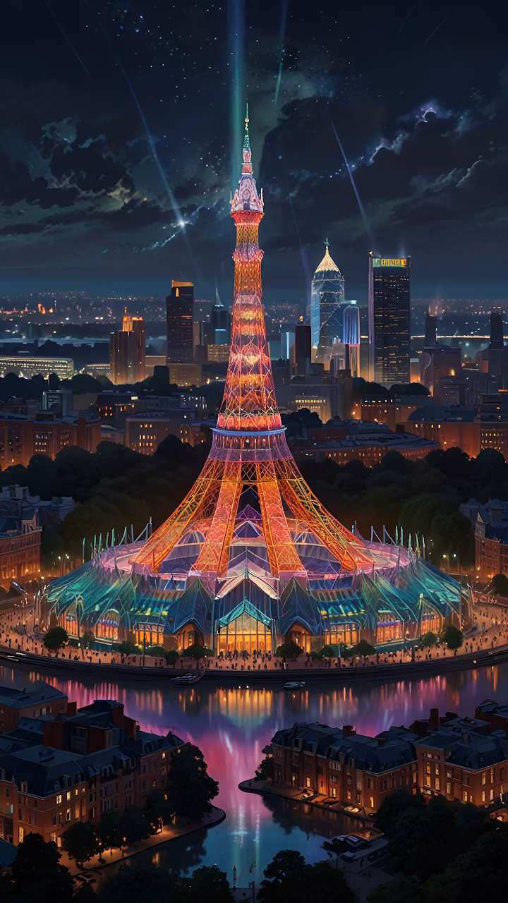 Eiffel Tower glows with neon lights over Paris at night - Free Mobile AMOLED Wallpaper Background