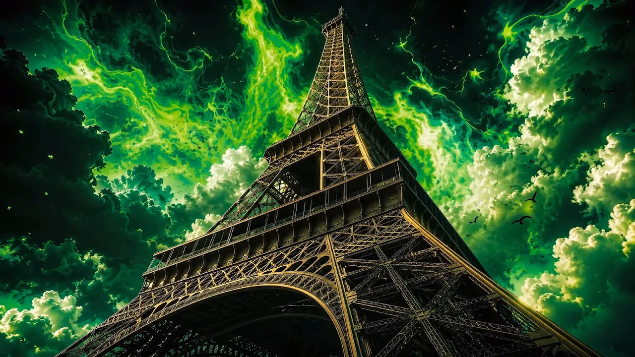 Download Eiffel Tower Green Lightning Storm 4K Wallpaper in 4K UHD Low angle view of the Eiffel Tower base rising toward a dark sky filled with green lightning and clouds.