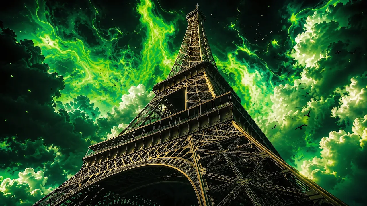 Low angle view of the Eiffel Tower base rising toward a dark sky filled with green lightning and clouds.