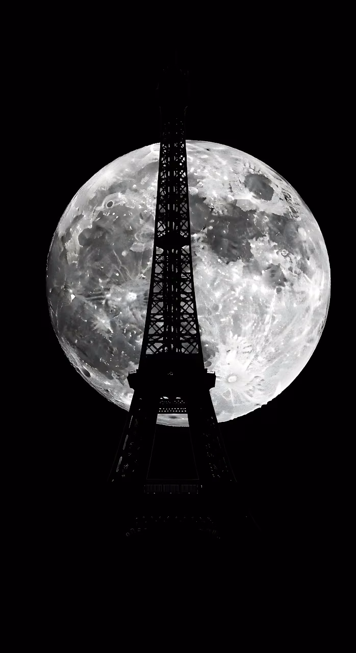 Eiffel Tower Silhouette Against Giant Full Moon Black White - Free Mobile AMOLED Wallpaper Background