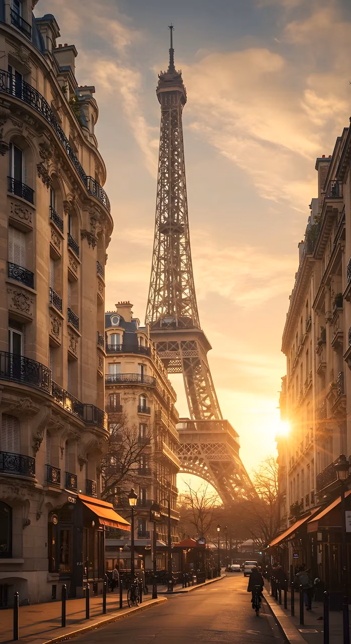 Eiffel Tower Sunset View Down a Classic Parisian Street - Free Mobile AMOLED Wallpaper Background