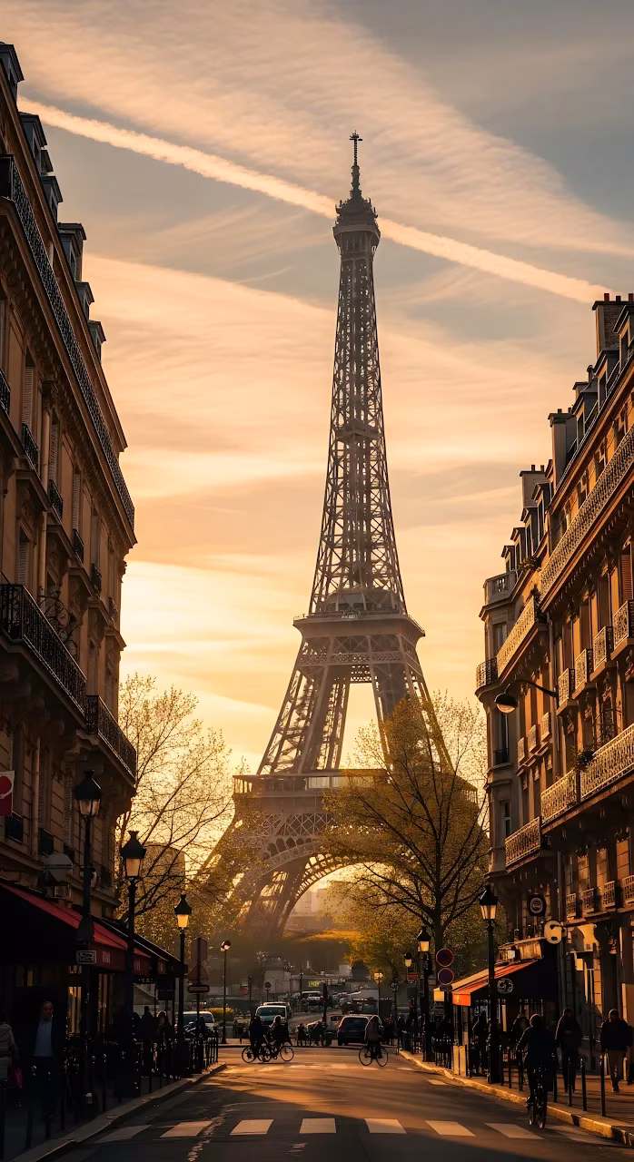 Eiffel Tower View Down a Classic Parisian Street at Sunset - Free Mobile AMOLED Wallpaper Background