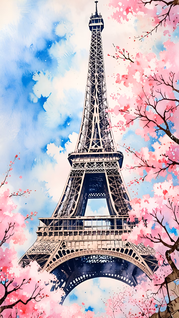 Eiffel Tower Watercolor Pink Cherry Blossom Paris Art - Free Mobile AMOLED Wallpaper Background