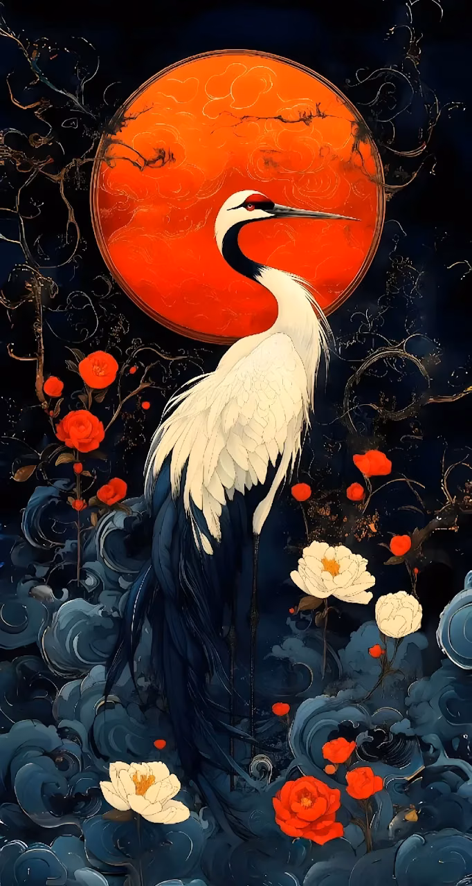 Elegance of Japanese Crane and Red Sun Art - Free Mobile AMOLED Wallpaper Background