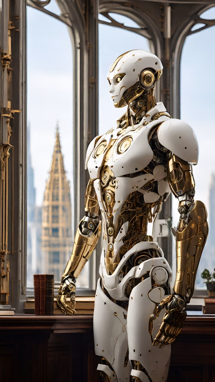 Elegant Android Portrait Against Golden City Spire View - Free Mobile AMOLED Wallpaper Background