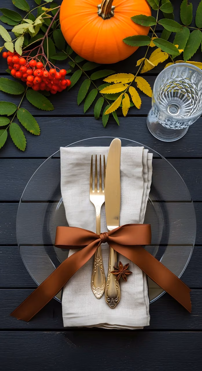 Elegant Autumn Table Setting Gold Cutlery Pumpkin Decor - Free Mobile AMOLED Wallpaper Background