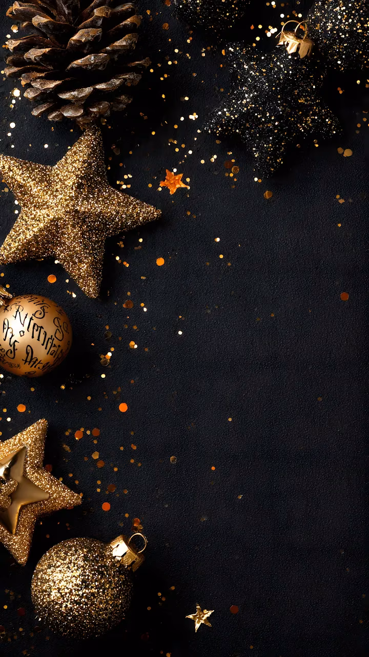 Elegant Black Gold Christmas Ornaments Glitter Stars - Free Mobile AMOLED Wallpaper Background