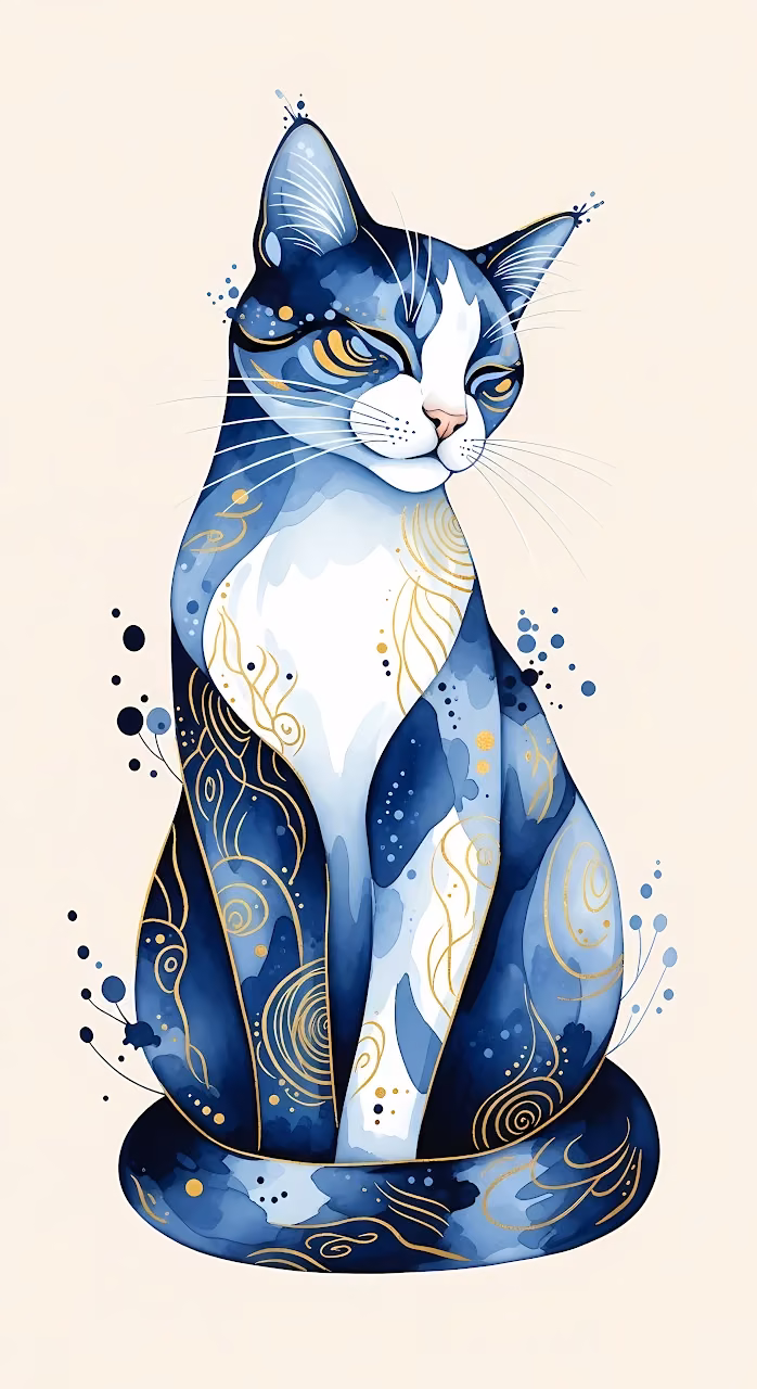 Download Elegant Blue and Gold Watercolor Cat Illustration Wallpaper in Mobile HD Elegant Blue and Gold Watercolor Cat Illustration - Free Mobile AMOLED Wallpaper Background
