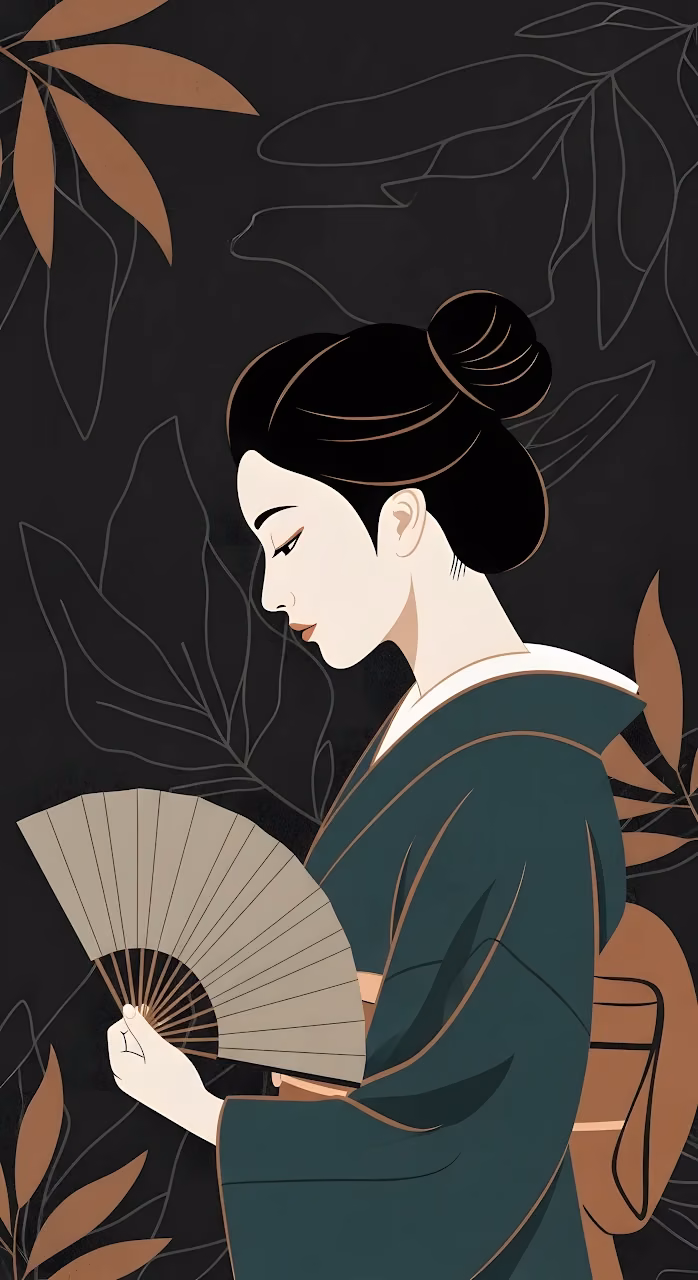 Elegant Japanese Geisha Illustration with Fan and Leaves - Free Mobile AMOLED Wallpaper Background