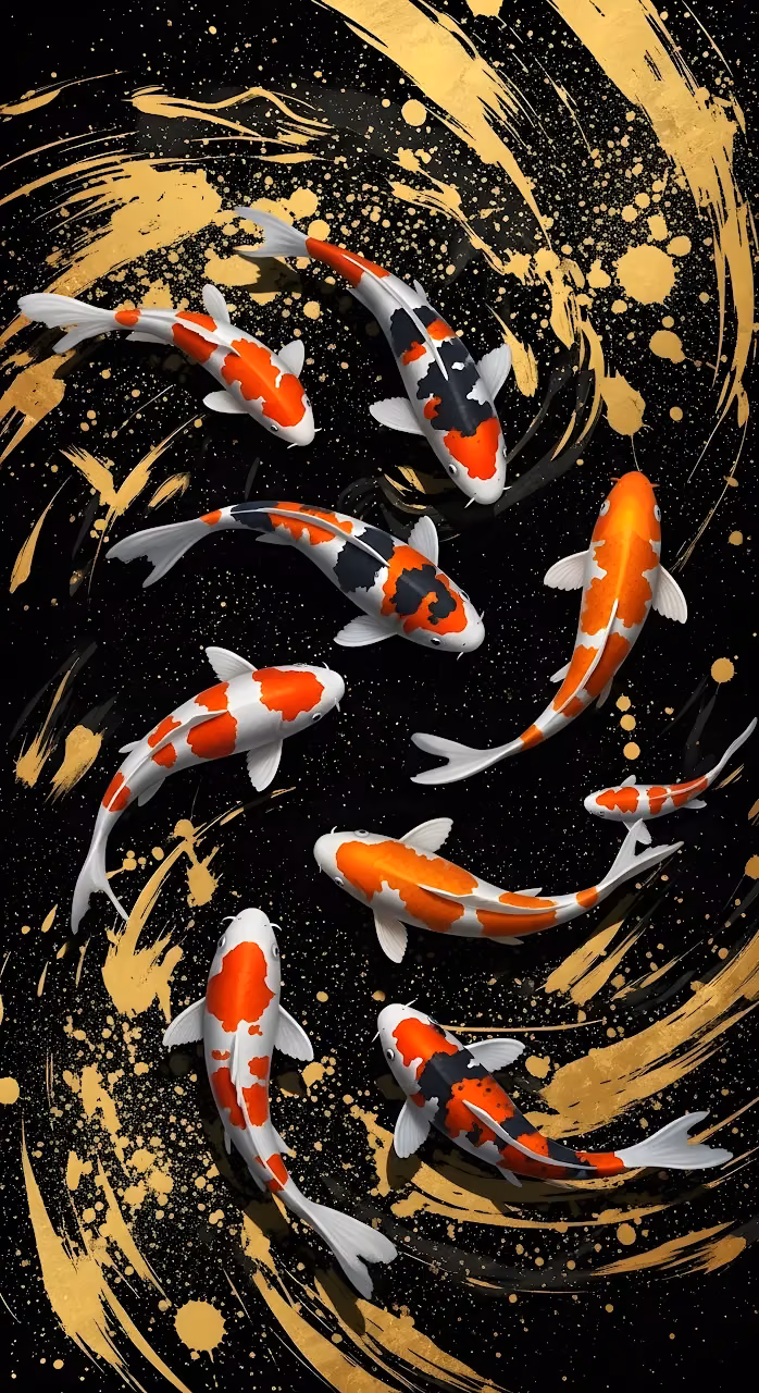 Elegant Koi Fish Swimming in Black and Gold Splatter Art - Free Mobile AMOLED Wallpaper Background