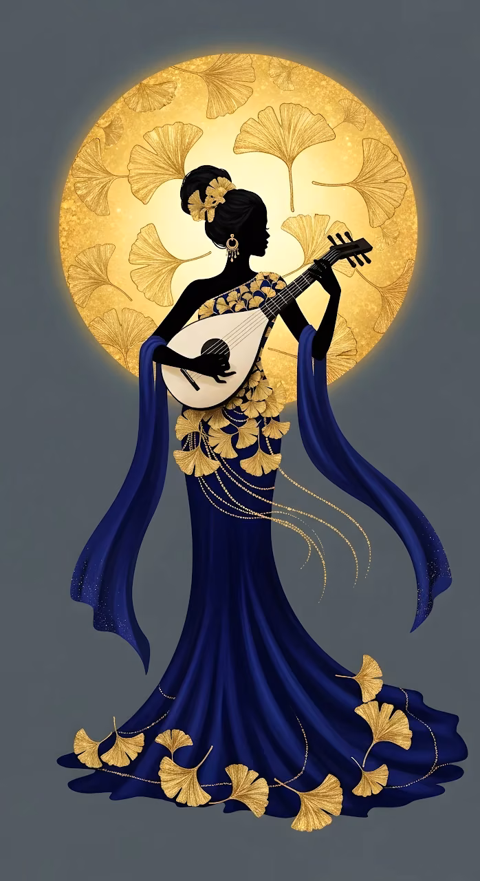 Elegant Musician Silhouette Blue Gold Ginkgo Art Deco - Free Mobile AMOLED Wallpaper Background