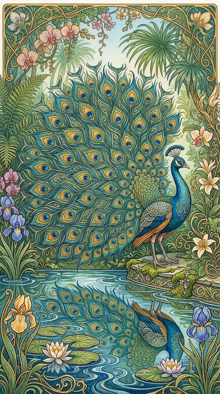 Download Elegant Peacock Beside Tranquil Pond in Art Nouveau Style Wallpaper in Mobile HD Elegant Peacock Beside Tranquil Pond in Art Nouveau Style - Free Mobile AMOLED Wallpaper Background