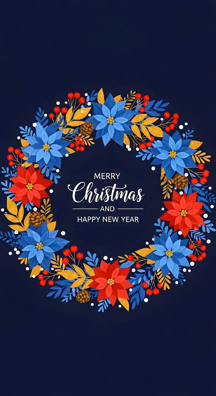 Elegant Poinsettia Wreath Blue Red Gold Holiday Greeting - Free Mobile AMOLED Wallpaper Background