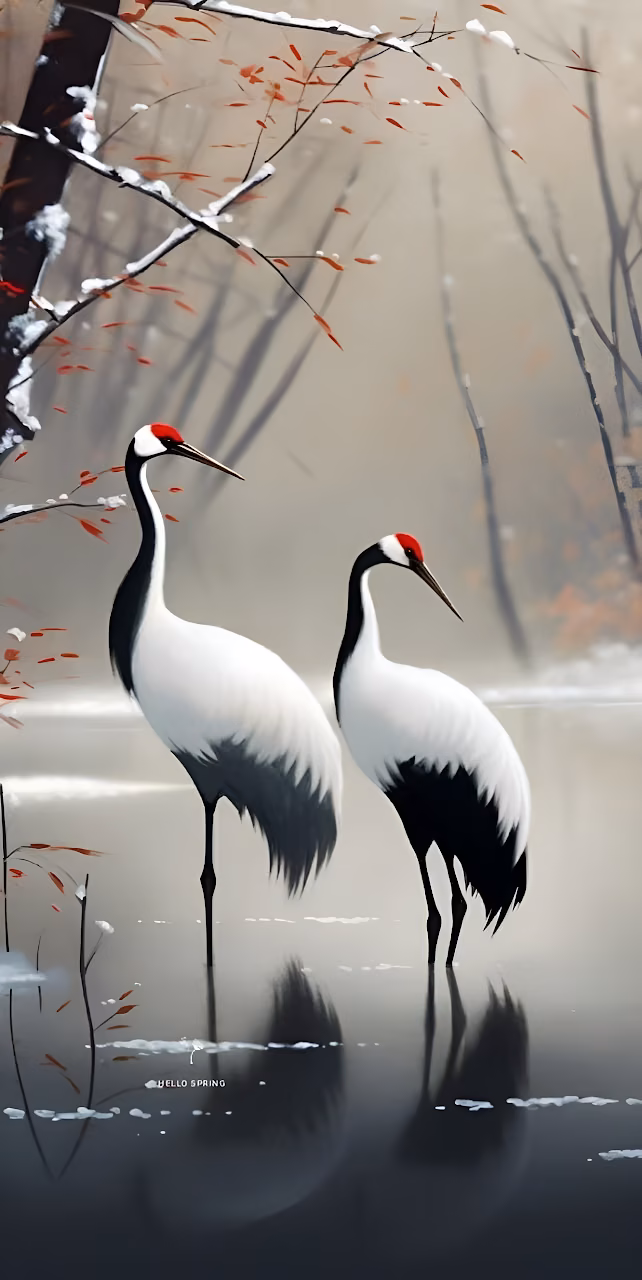 Download Elegant Red-Crowned Cranes in Misty Winter Landscape Wallpaper in Mobile HD Elegant Red-Crowned Cranes in Misty Winter Landscape - Free Mobile AMOLED Wallpaper Background
