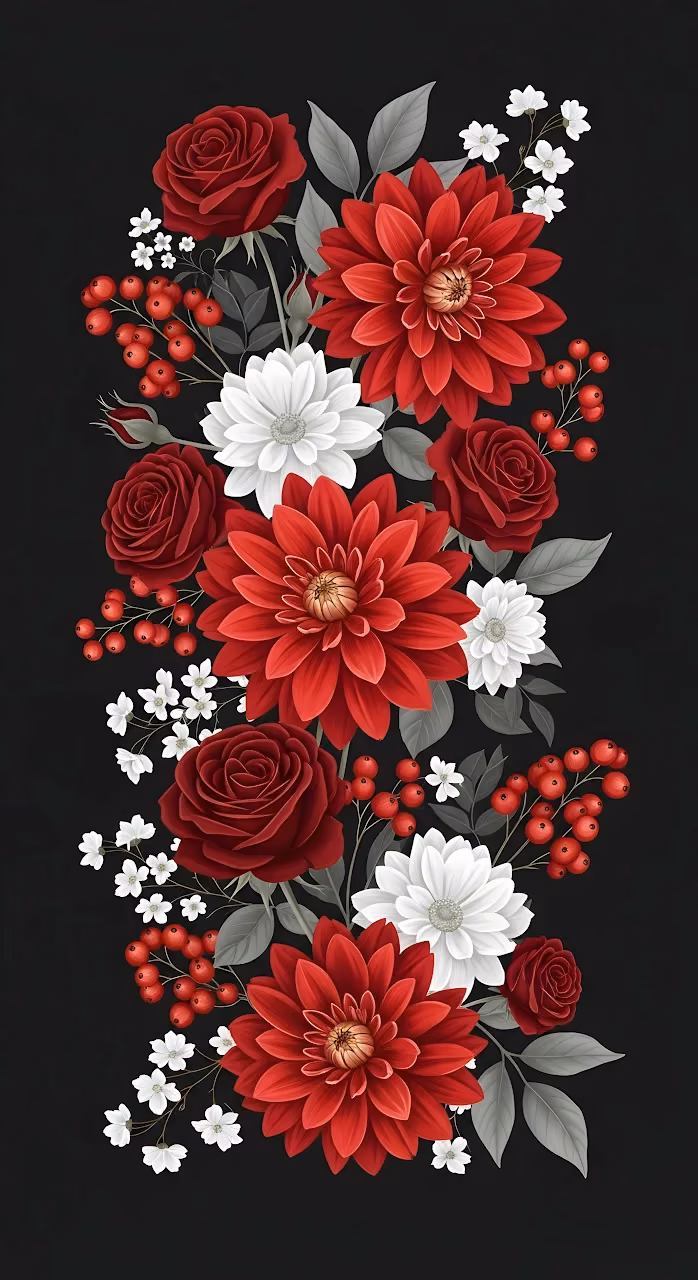 Elegant Red Dahlias Roses Floral Arrangement Black Backdrop - Free Mobile AMOLED Wallpaper Background