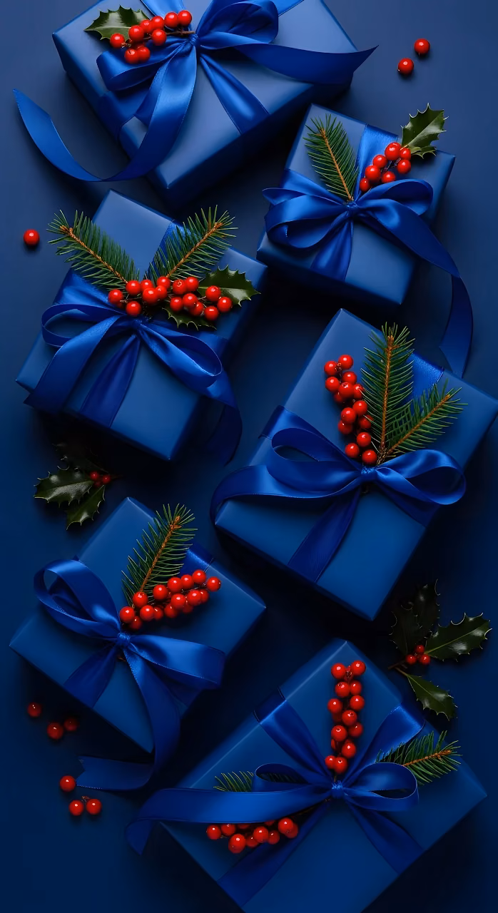 Elegant Royal Blue Christmas Presents Red Berries - Free Mobile AMOLED Wallpaper Background