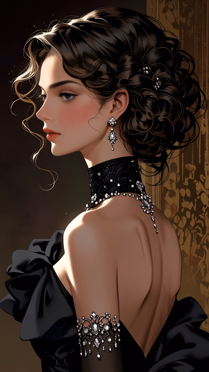 Elegant Woman in Black Gown with Diamond Jewelry in Profile - Free Mobile AMOLED Wallpaper Background