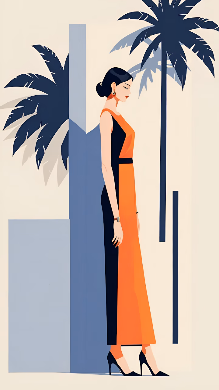 Elegant Woman in Orange Dress, Art Deco Tropical Fashion Art - Free Mobile AMOLED Wallpaper Background
