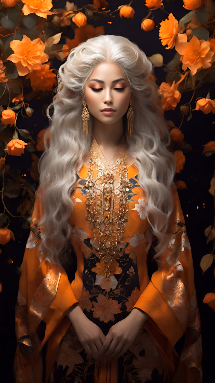 Elegant Woman in Ornate Orange Gown Amidst Blooming Flowers - Free Mobile AMOLED Wallpaper Background