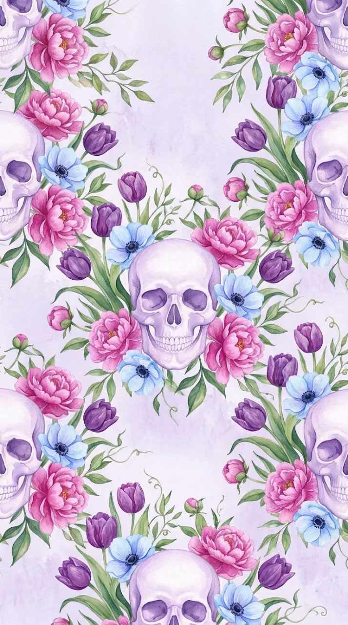 Elegantly Seamless Watercolor Pastel Skulls and Pink Flowers Pattern - Free Mobile AMOLED Wallpaper Background