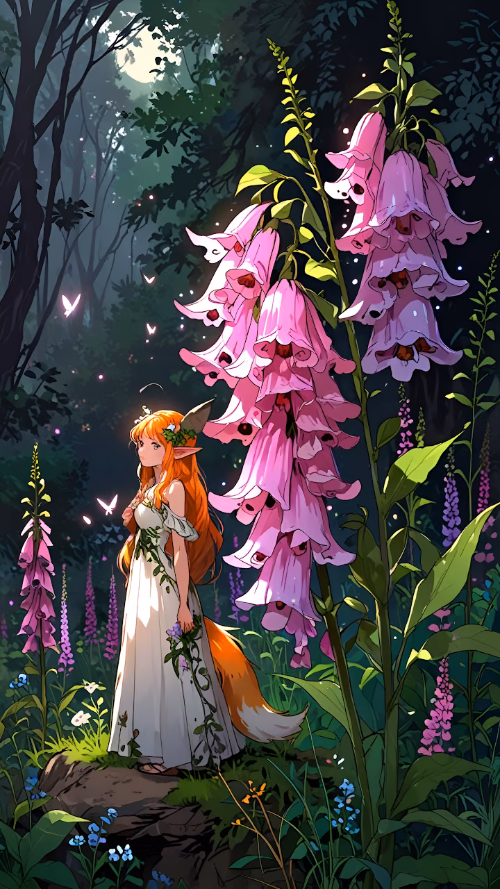 Elf girl in white dress admires giant pink flowers in moonlit forest - Free Mobile AMOLED Wallpaper Background