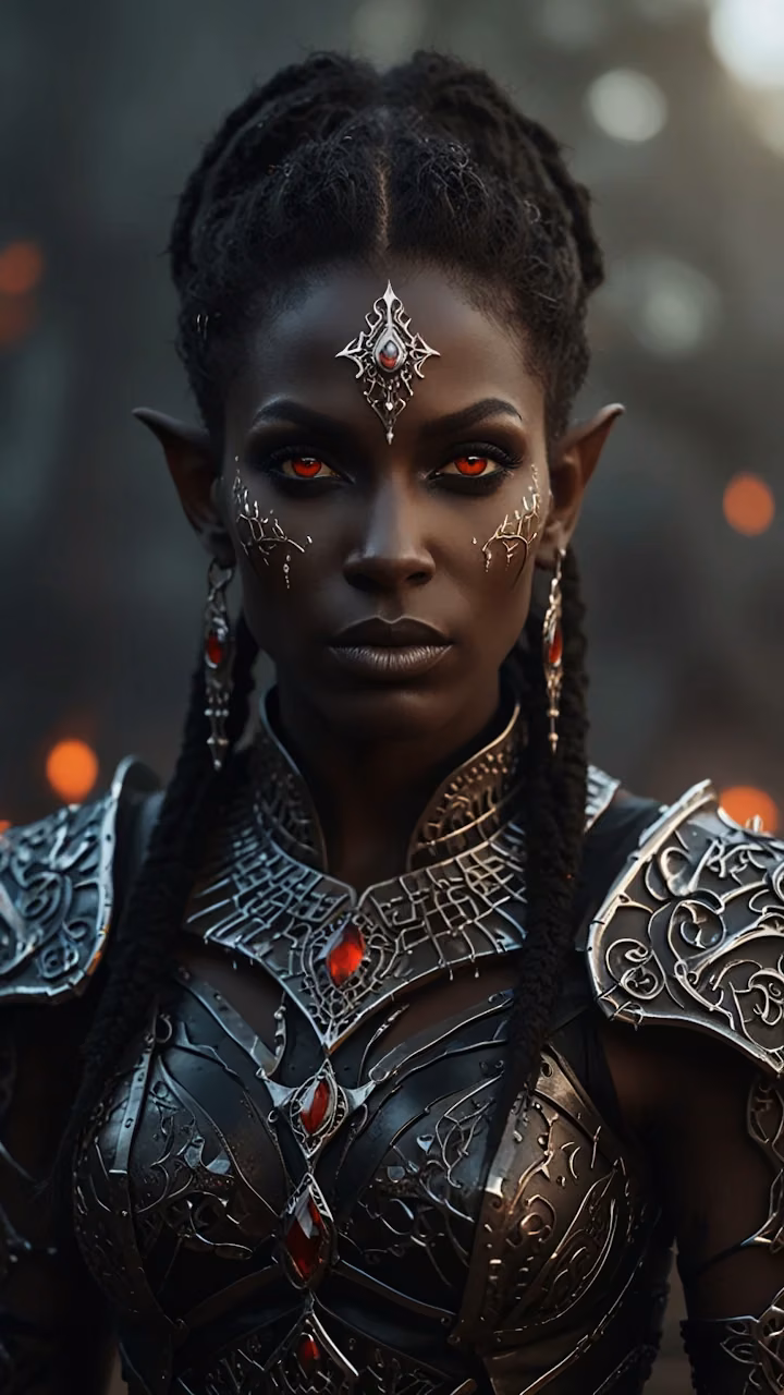Elven warrior with red eyes and ornate armor gazes intently forward - Free Mobile AMOLED Wallpaper Background