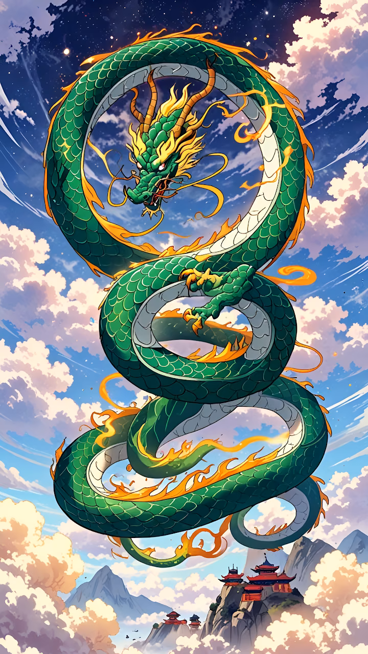 Download Emerald Celestial Dragon Coiled Above Mountain Temples Wallpaper in Mobile HD Emerald Celestial Dragon Coiled Above Mountain Temples - Free Mobile AMOLED Wallpaper Background