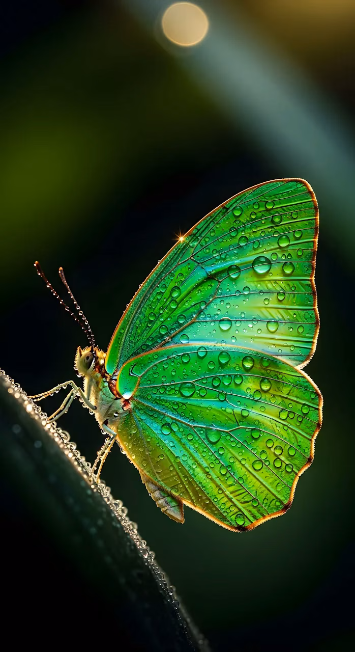Download Emerald Green Butterfly Macro Photography with Sparkling Dew Drops Wallpaper in Mobile HD Emerald Green Butterfly Macro Photography with Sparkling Dew Drops - Free Mobile AMOLED Wallpaper Background