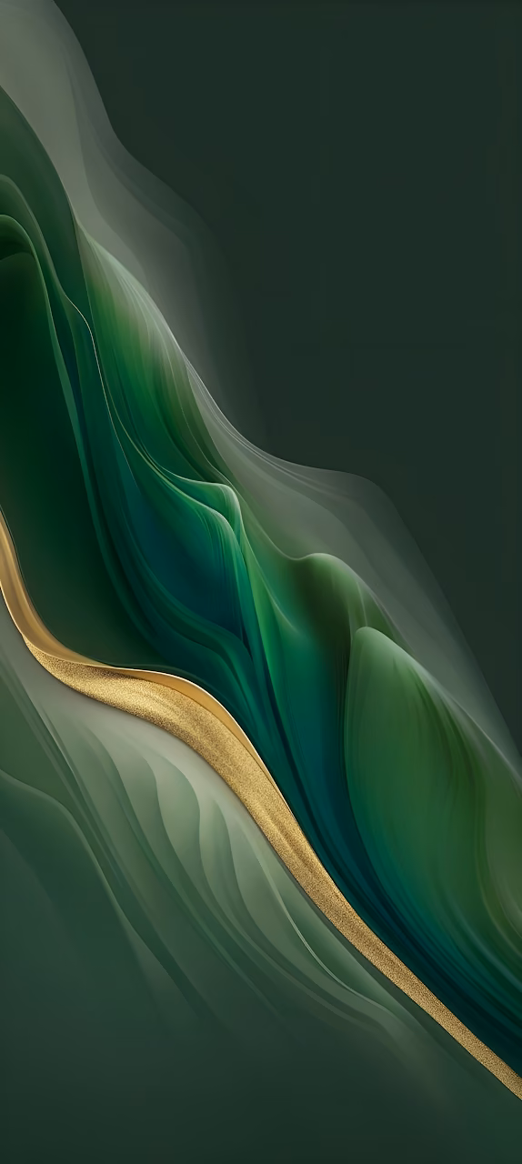 Emerald Green Flowing Abstract Waves with Gold Accent - Free Mobile AMOLED Wallpaper Background