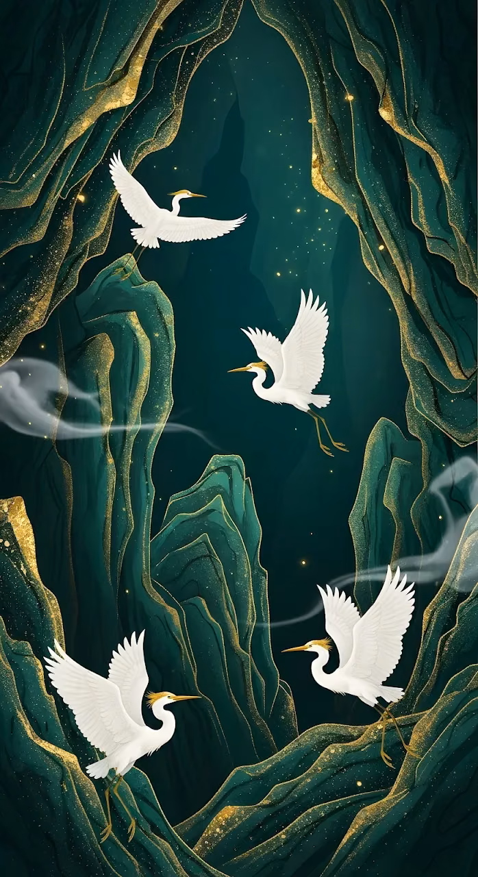 Download Emerald Mountain Passage with Flying Egrets and Gold Dust Wallpaper in Mobile HD Emerald Mountain Passage with Flying Egrets and Gold Dust - Free Mobile AMOLED Wallpaper Background