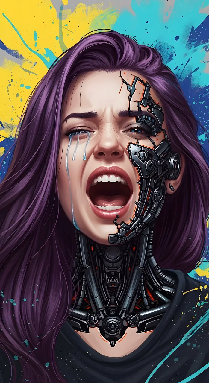 Emotional Cyborg Woman Crying Cyberpunk Street Art - Free Mobile AMOLED Wallpaper Background