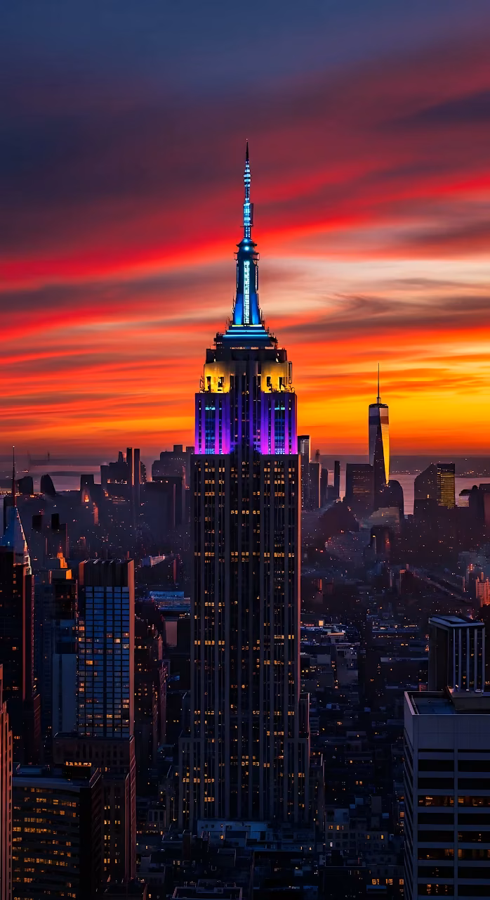 Download Empire State Building with Intense Red and Orange Sunset Sky Wallpaper in Mobile HD Empire State Building with Intense Red and Orange Sunset Sky - Free Mobile AMOLED Wallpaper Background