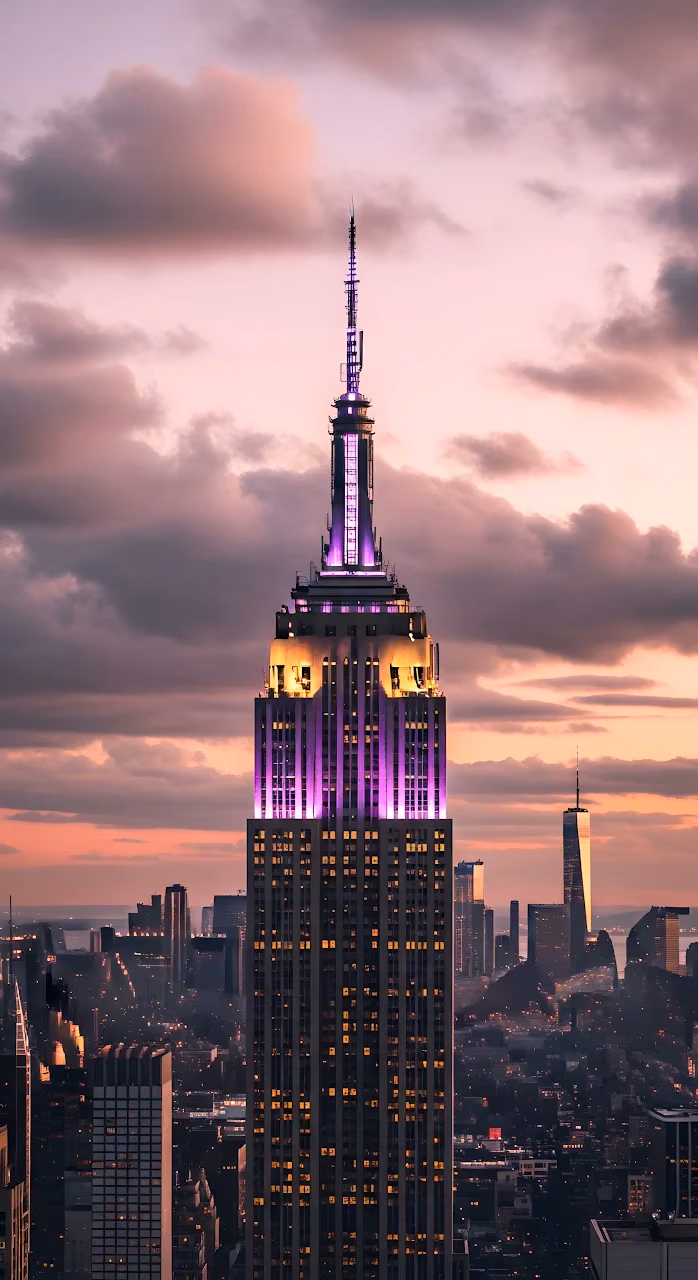 Empire State Building in Pink and Purple at Sunset - Free Mobile AMOLED Wallpaper Background