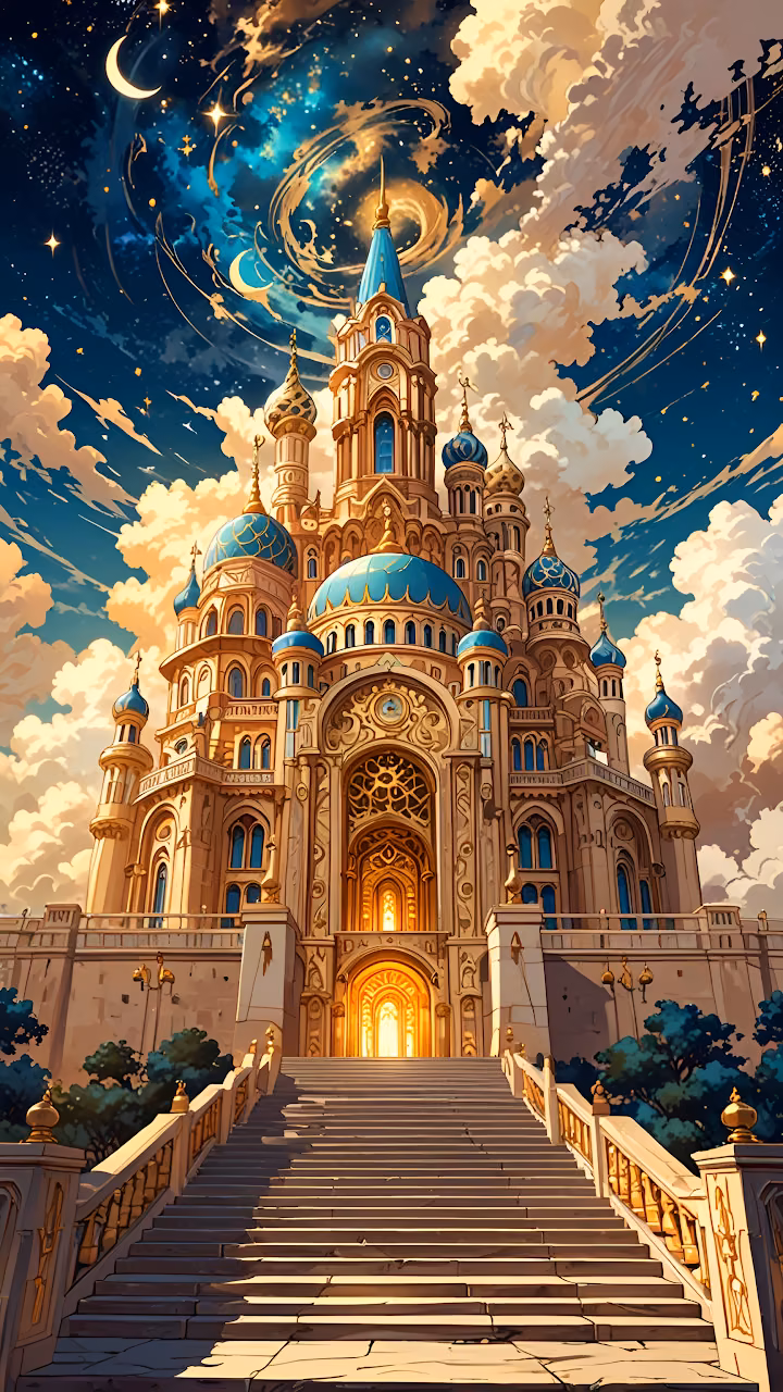 Download Enchanted Castle Gateway Under Cosmic Starry Sky Wallpaper in Mobile HD Enchanted Castle Gateway Under Cosmic Starry Sky - Free Mobile AMOLED Wallpaper Background