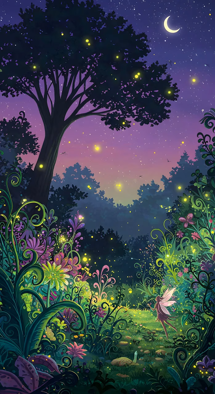 Enchanted Fairy Glade at Twilight with Fireflies - Free Mobile AMOLED Wallpaper Background