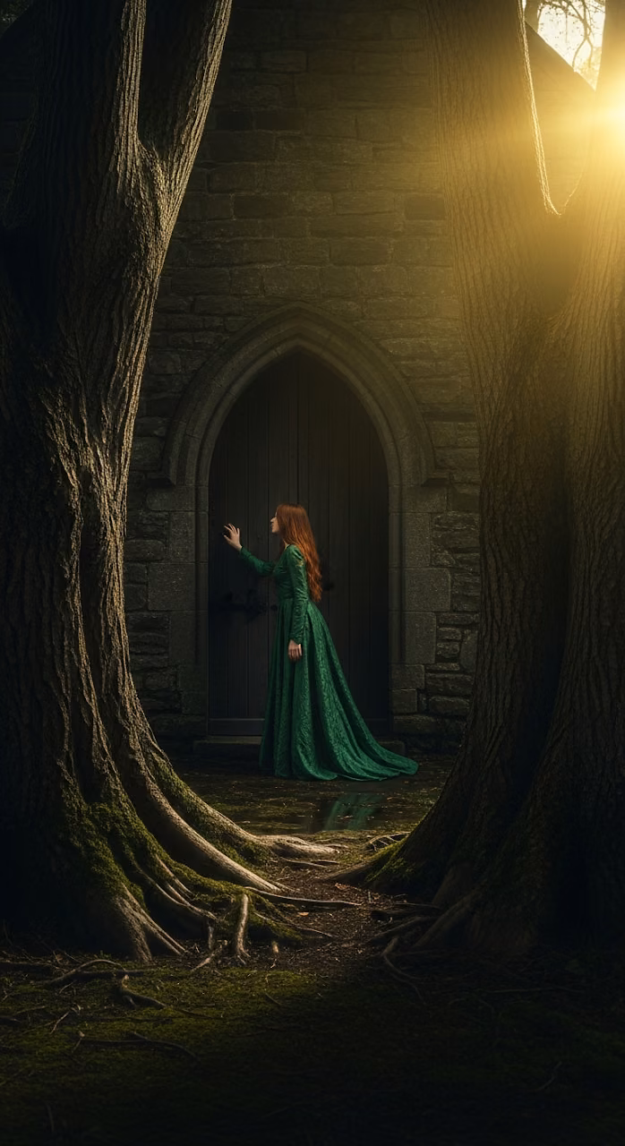 Download Enchanted Fantasy Scene of a Woman Knocking on a Dark Wooden Door Framed by Ancient Tree Roots and Sun Flare Wallpaper in Mobile HD Enchanted Fantasy Scene of a Woman Knocking on a Dark Wooden Door Framed by Ancient Tree Roots and Sun Flare - Free Mobile AMOLED Wallpaper Background