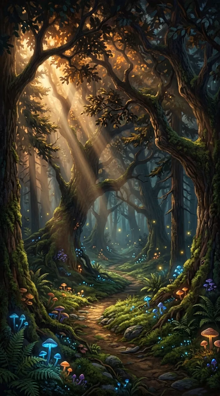 Enchanted Forest at Dusk with Luminescent Mushrooms - Free Mobile AMOLED Wallpaper Background