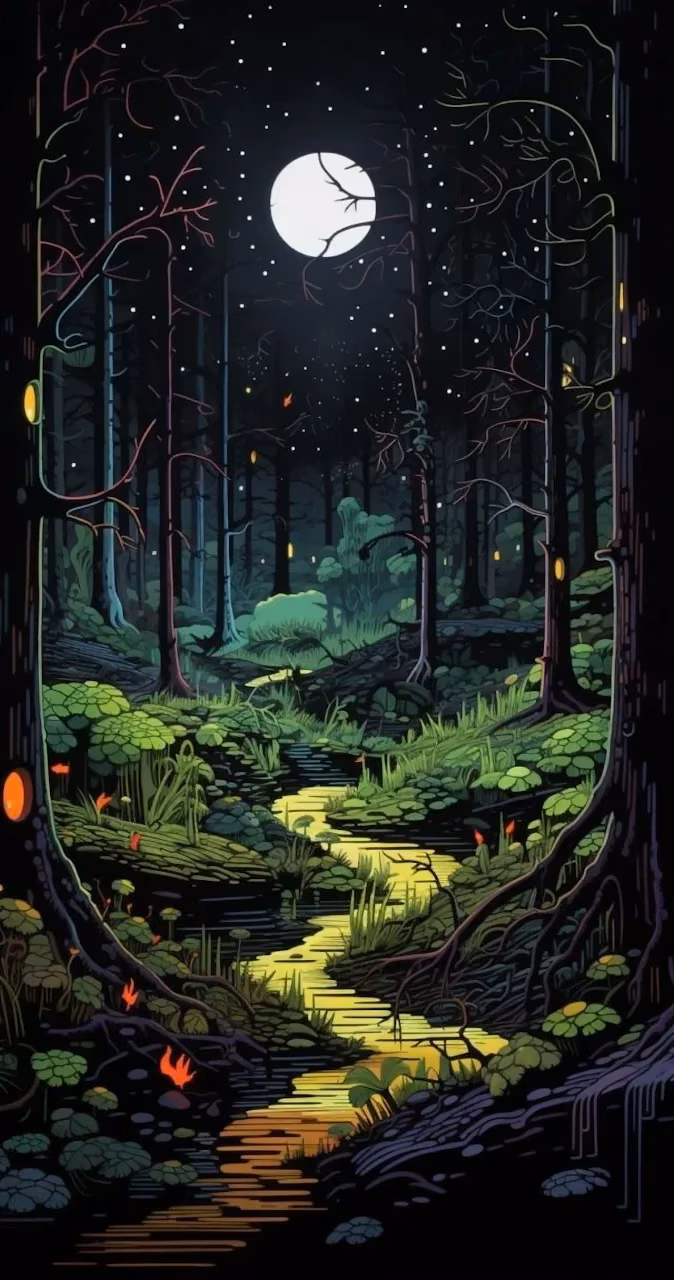 Download Enchanted Forest Night Art Glowing Stream Moon Wallpaper in Mobile HD Enchanted Forest Night Art Glowing Stream Moon - Free Mobile AMOLED Wallpaper Background